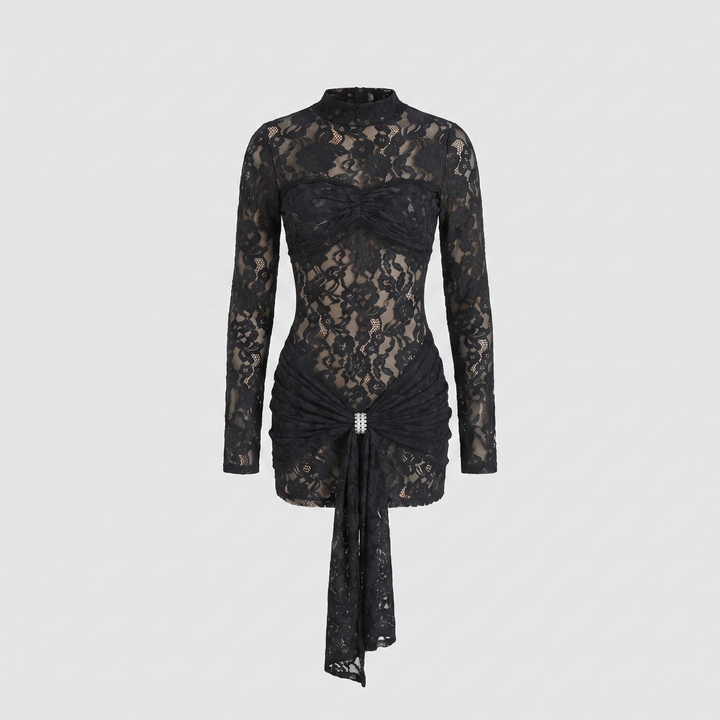 Black lace sheath mini dress laid flat, full garment