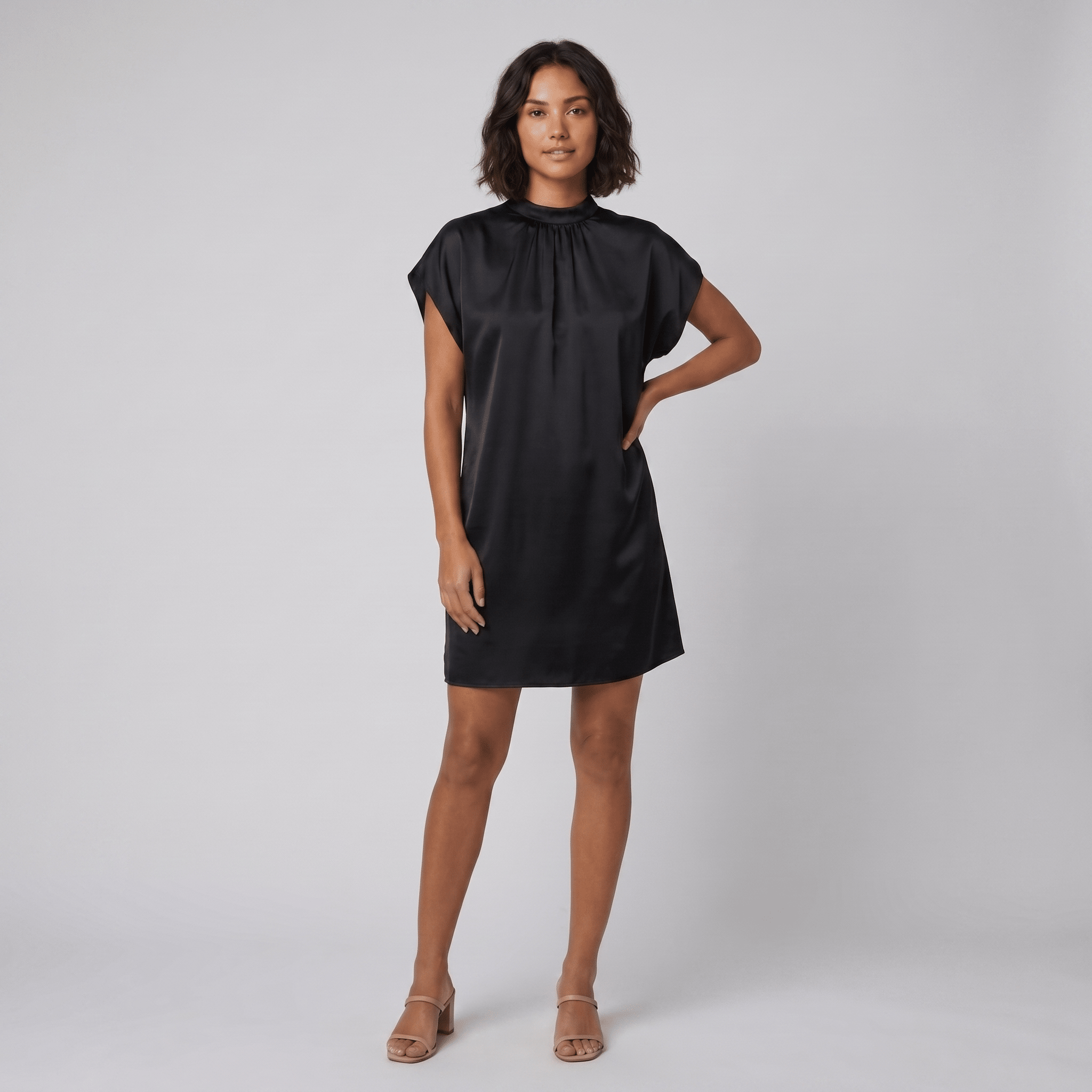 Trudy black satin mock neck shift dress