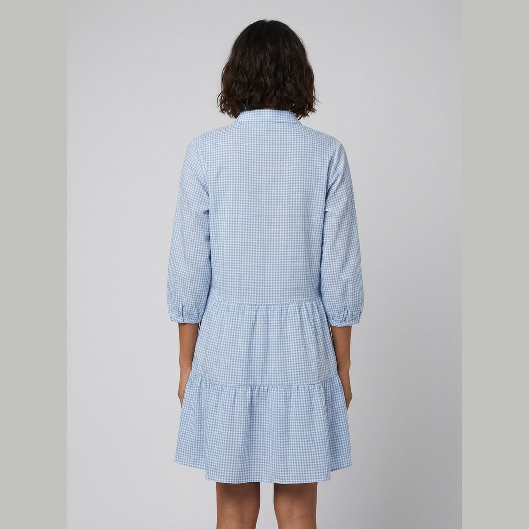 Tula blue gingham tiered dress back on model