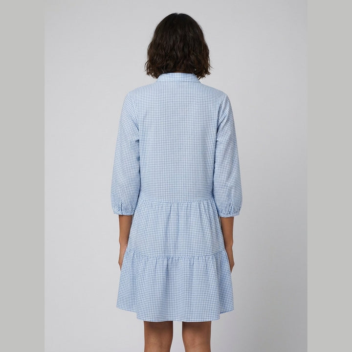 Tula blue gingham tiered dress back on model