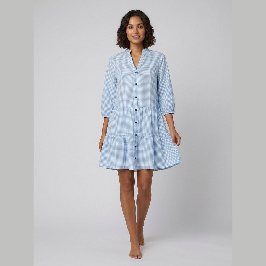 Tula blue gingham tiered dress side on model