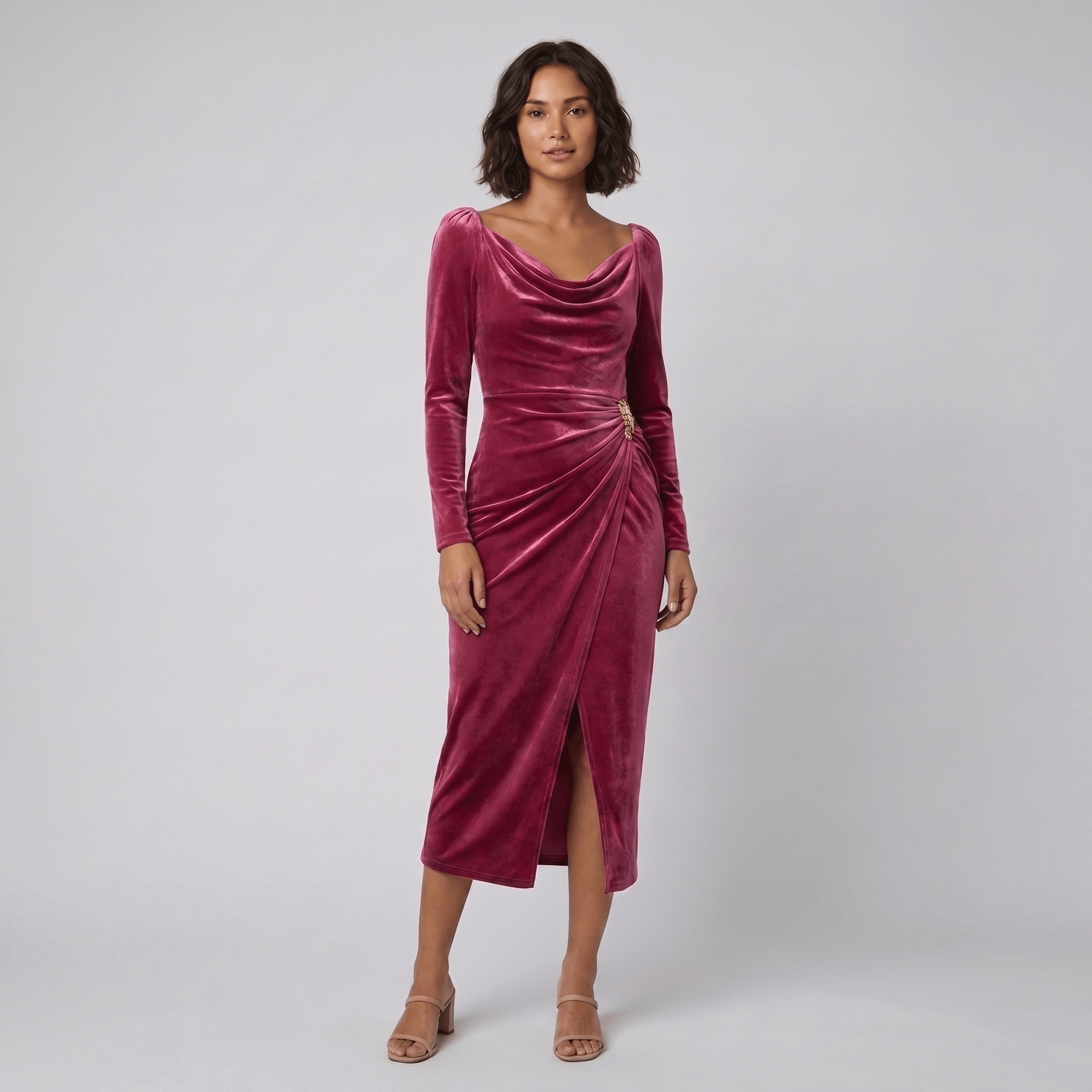 Vela rose red velvet cowl neck midi dress