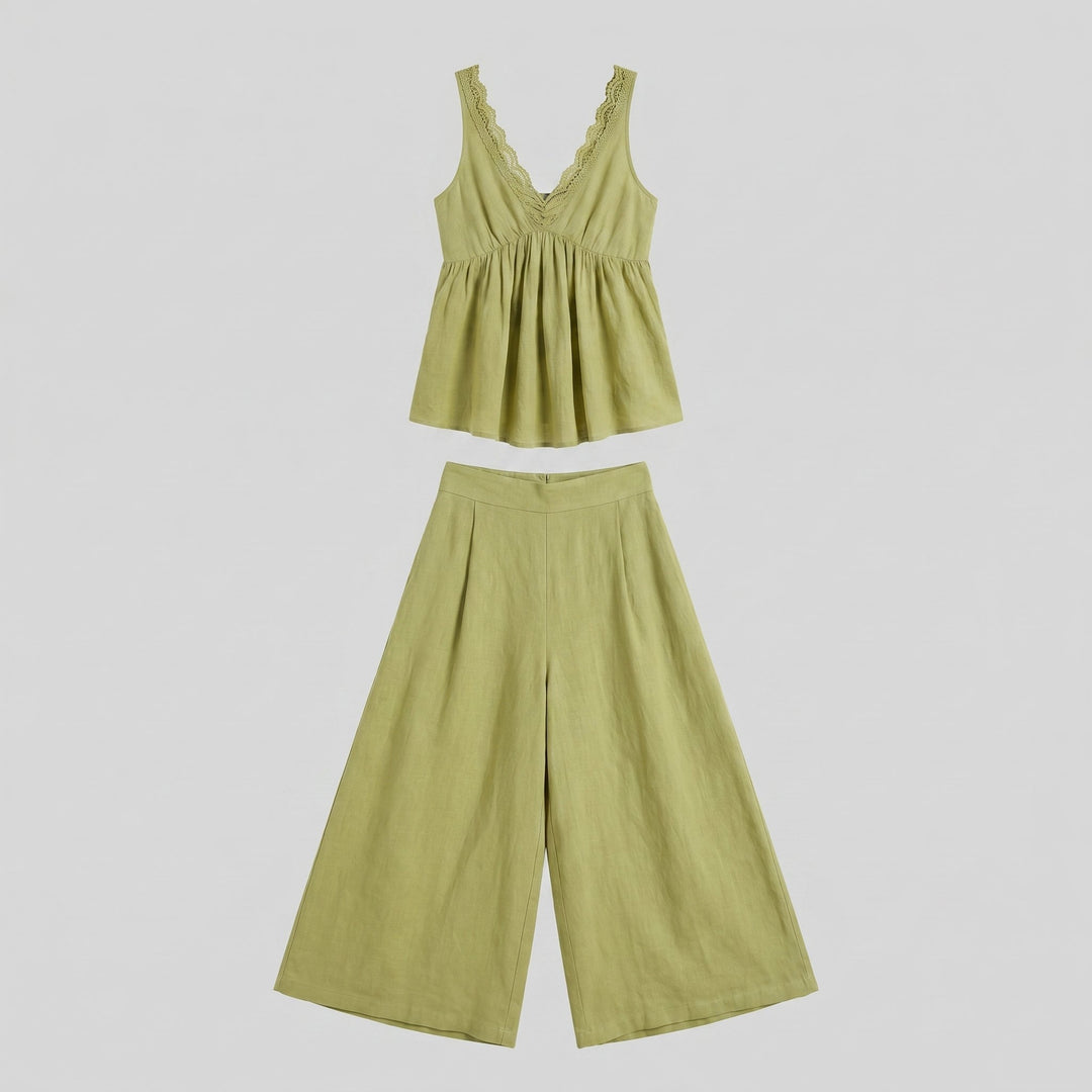 Vera light green linen two piece set product flat lay