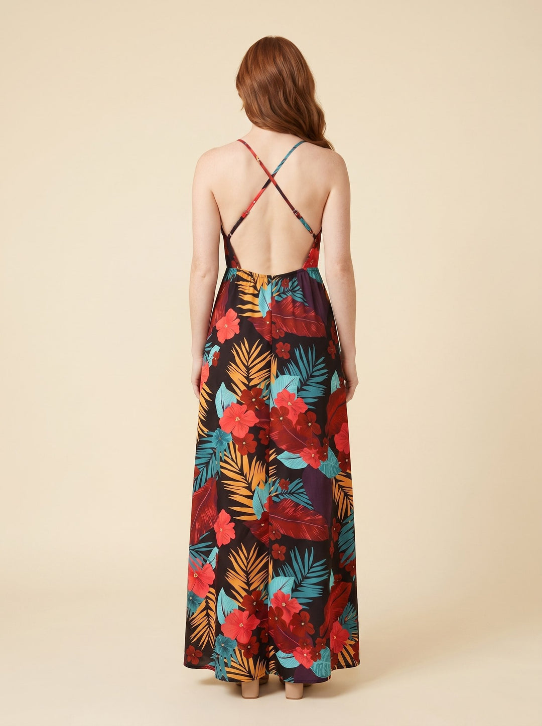 Vera floral maxi dress FireBrick open back on model