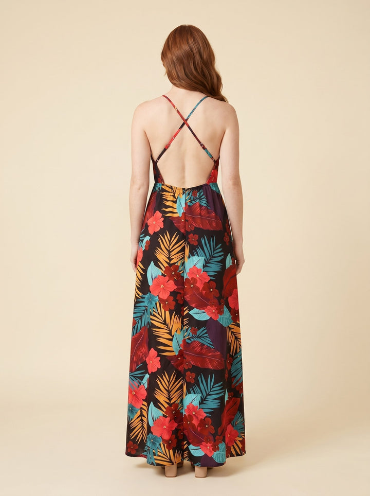 Vera floral maxi dress FireBrick open back on model