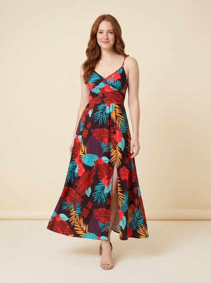 Vera floral maxi dress FireBrick red tropical print front on model