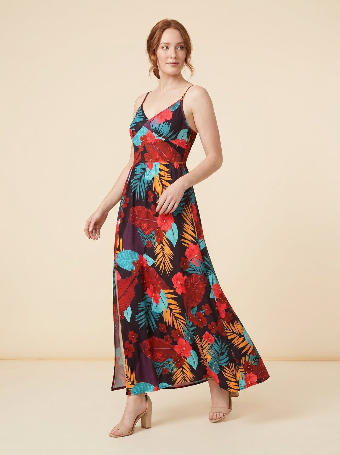 Vera floral maxi dress FireBrick three quarter pose on model