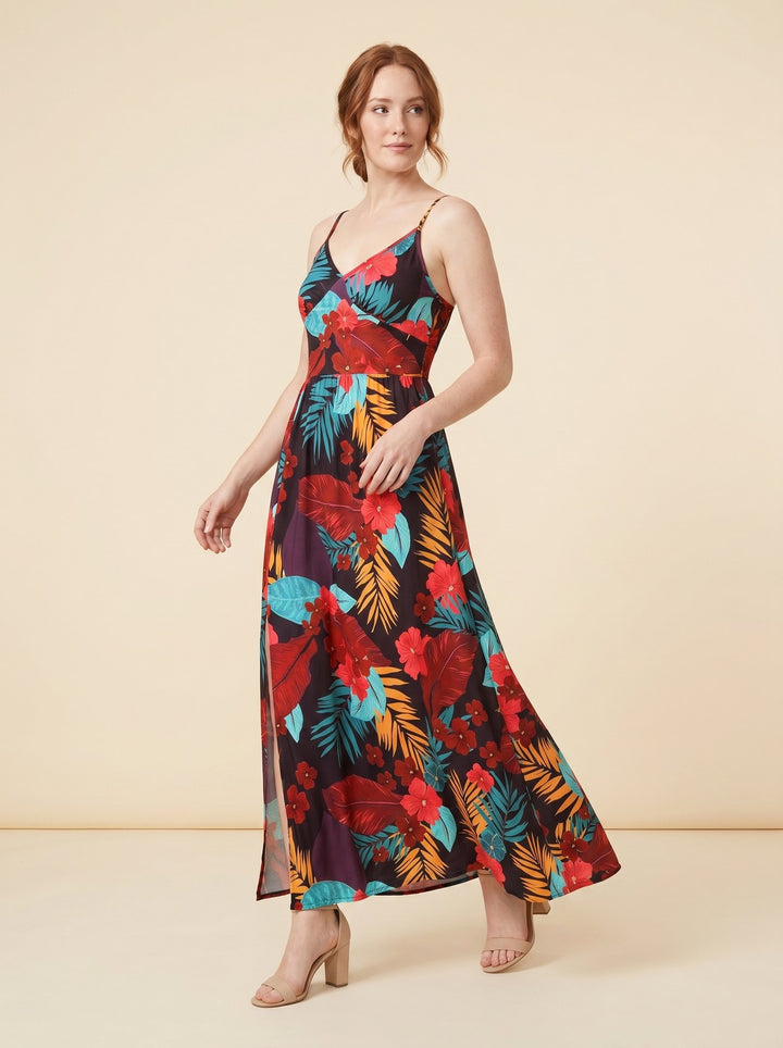 Vera floral maxi dress FireBrick three quarter pose on model