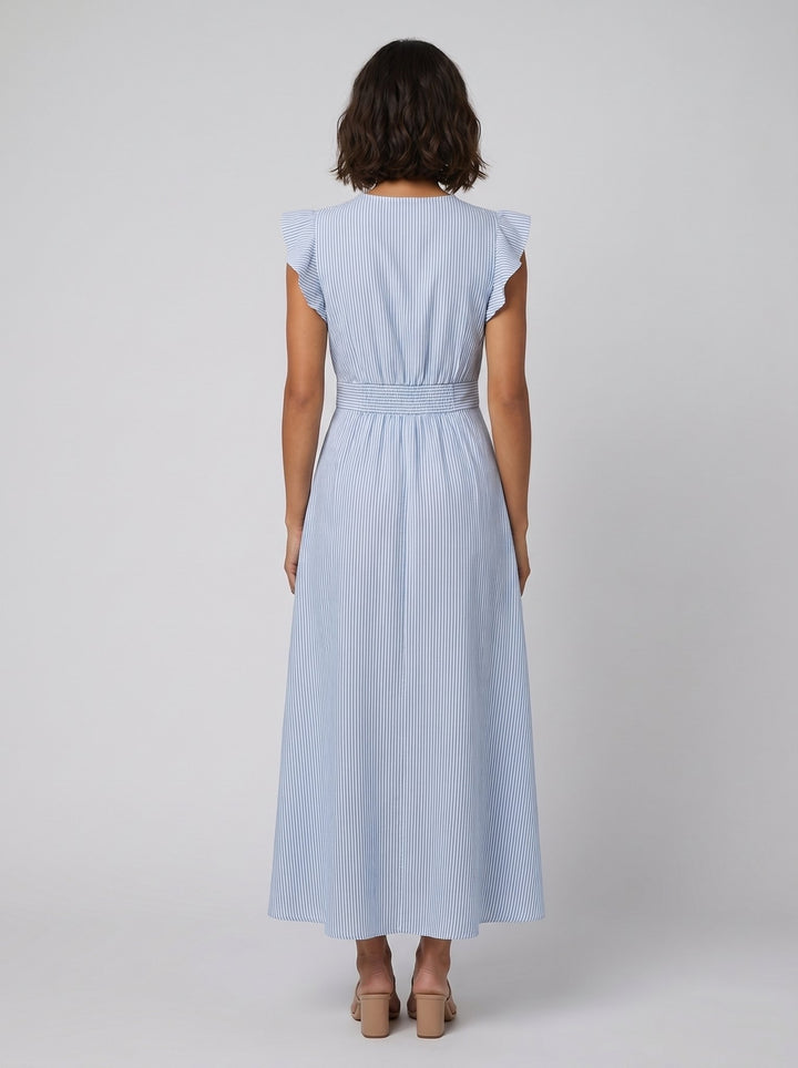 Vera striped midi dress blue back on model