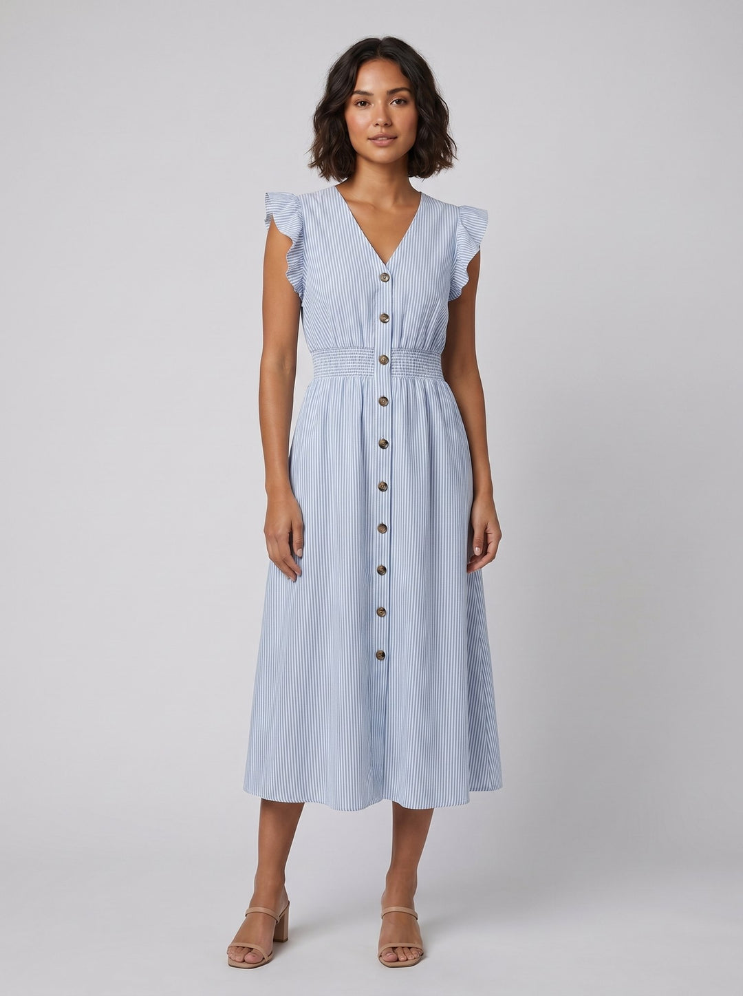 Vera striped midi dress blue front on model