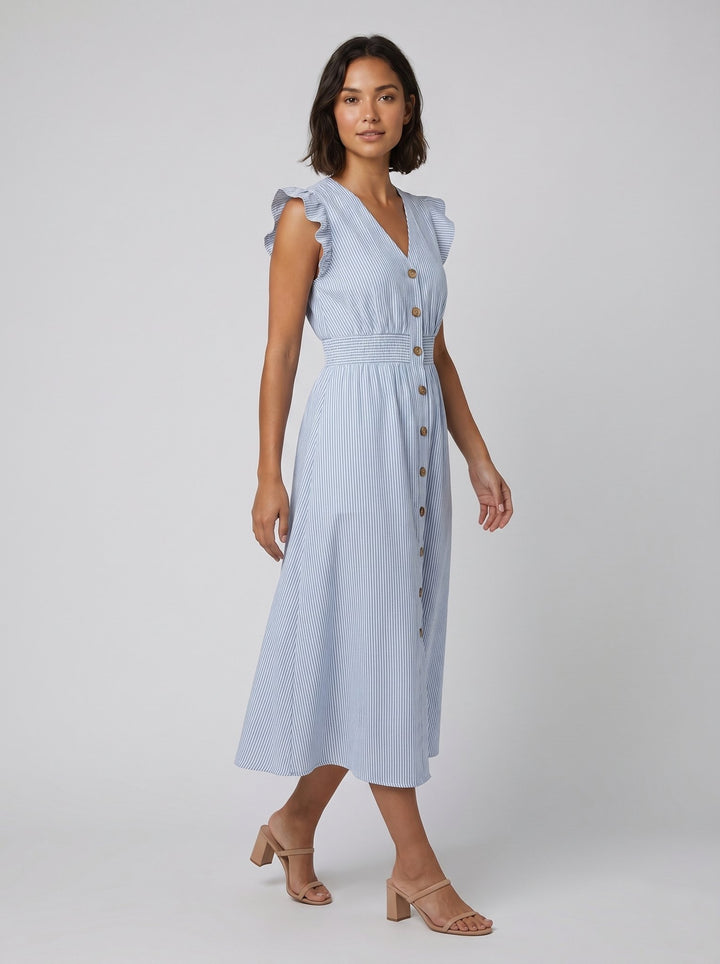 Vera striped midi dress blue three quarter pose on model