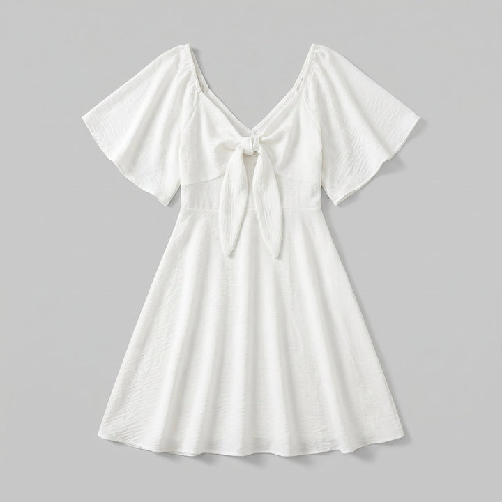 Vera V-neck bow tie mini dress white product flat lay
