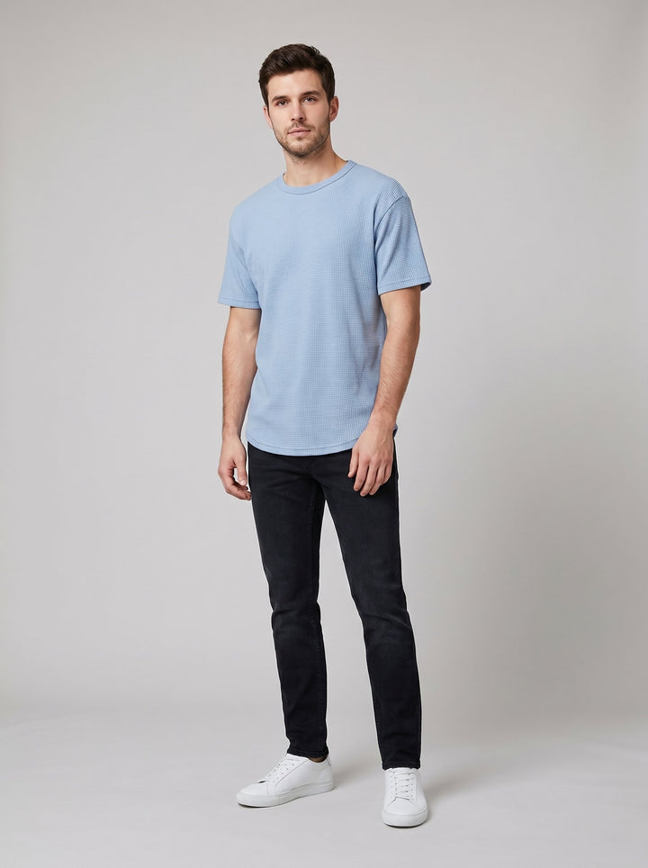 Vero mens waffle knit t-shirt blue on model