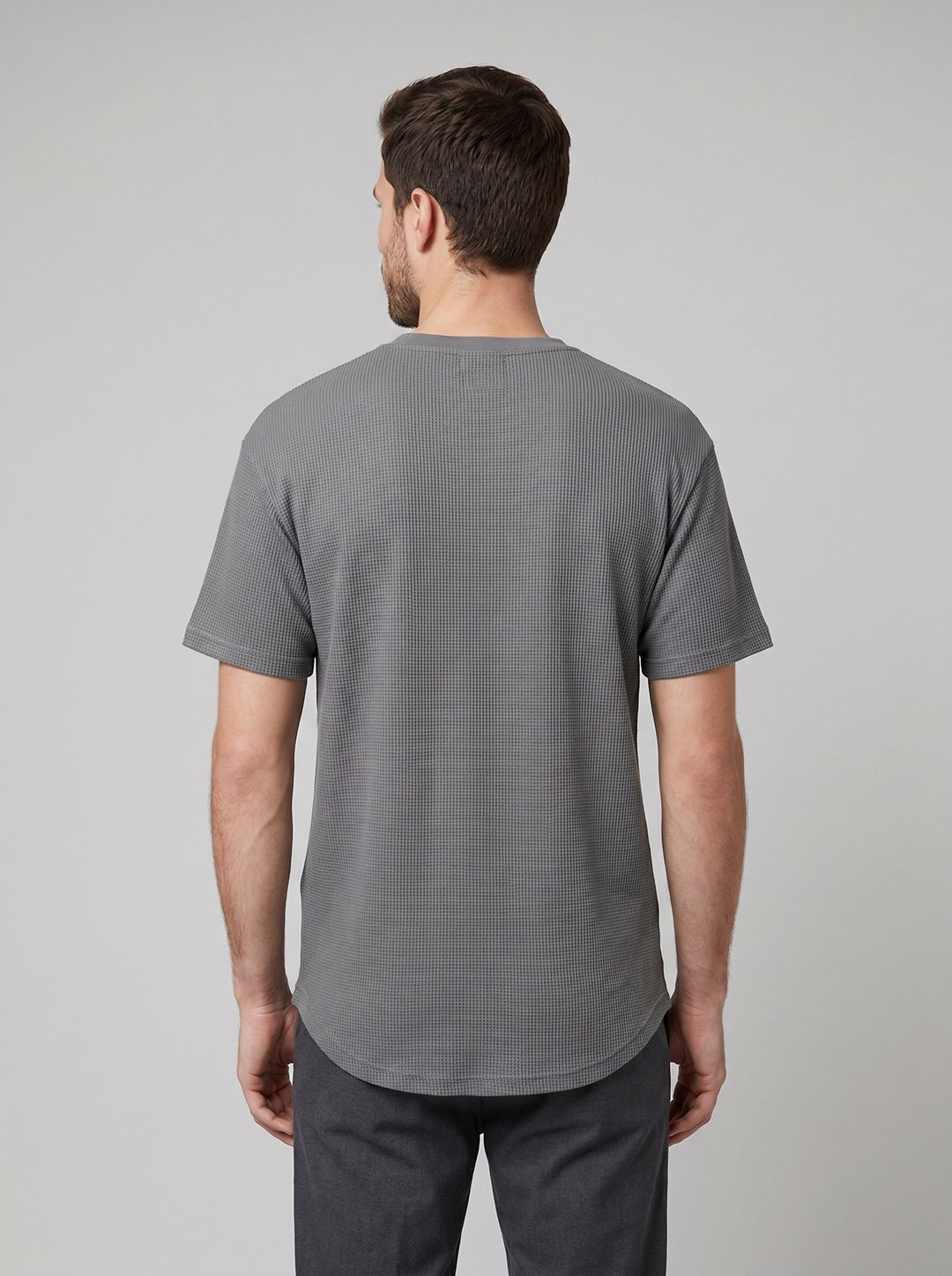 Vero mens waffle knit t-shirt gray back on model