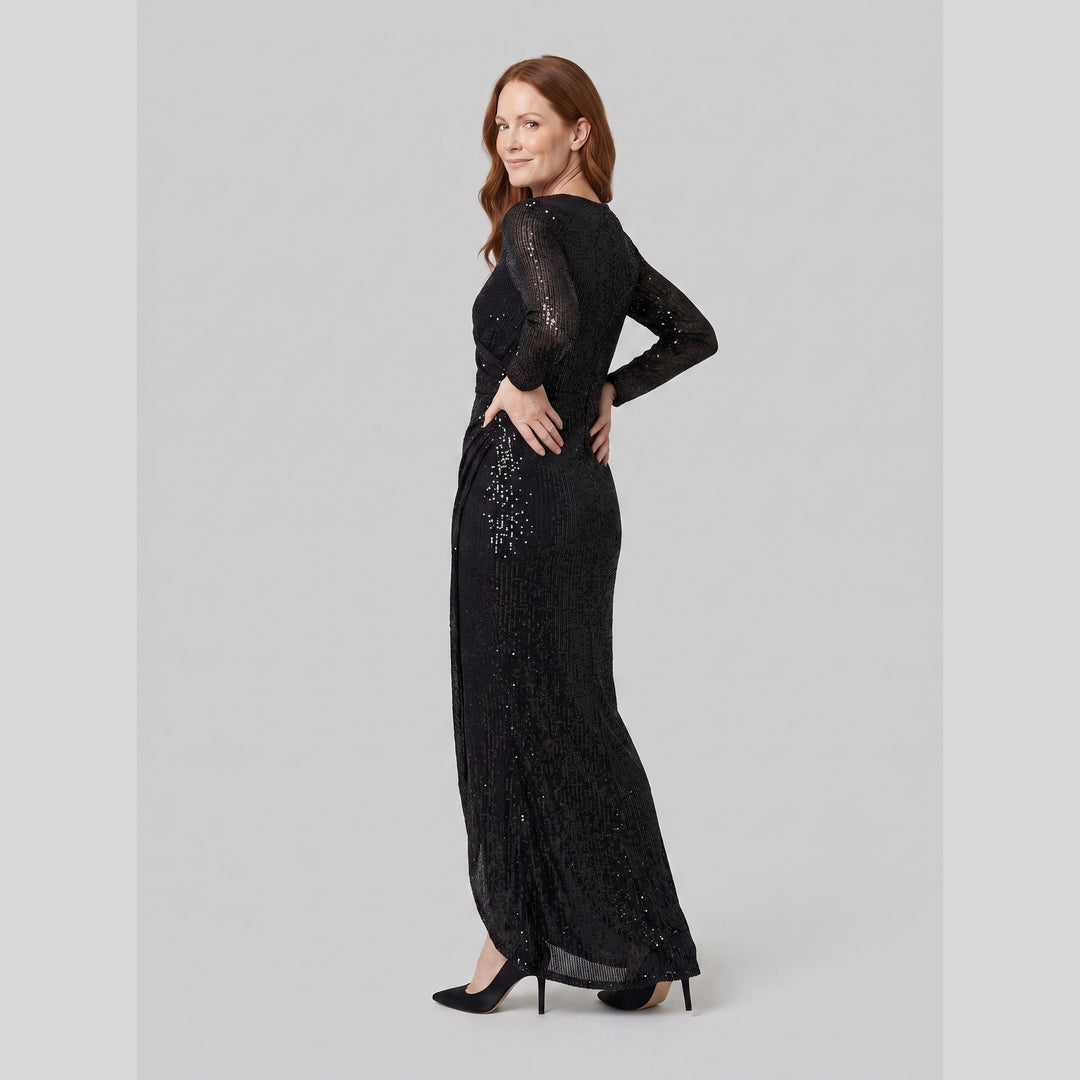 Black sequin V-neck long sleeve evening gown with thigh-high slit - The store Vancouver