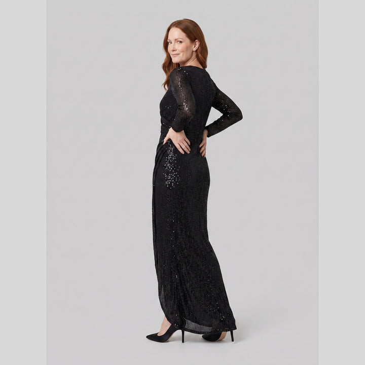 Black sequin V-neck long sleeve evening gown with thigh-high slit - The store Vancouver