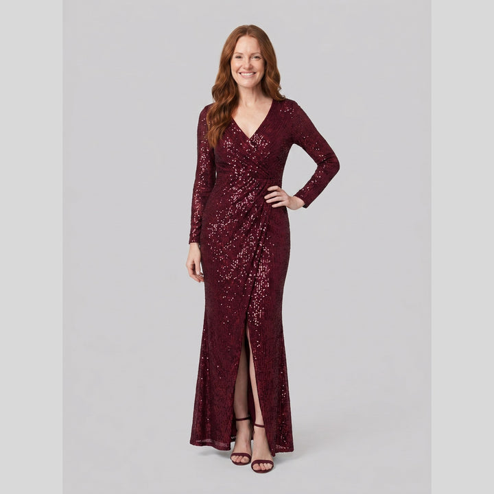 Burgundy sequin V-neck long sleeve evening gown with thigh-high slit - The store Vancouver