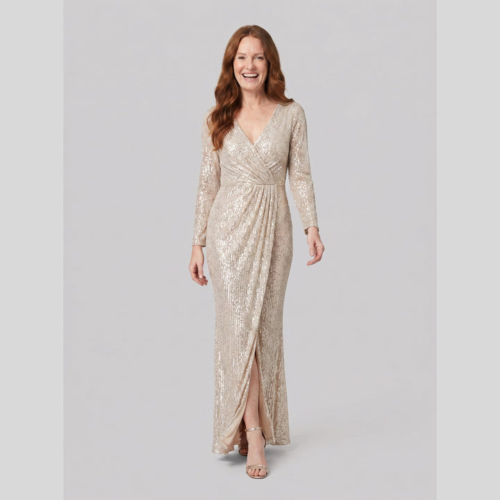 Champagne sequin V-neck long sleeve evening gown with thigh-high slit - The store Vancouver