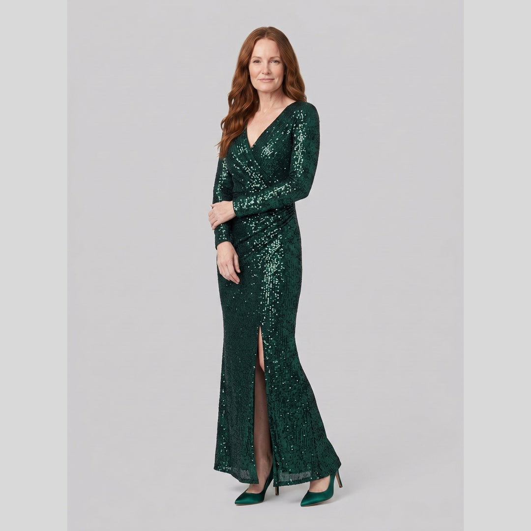 Dark green sequin V-neck long sleeve evening gown with thigh-high slit - The store Vancouver