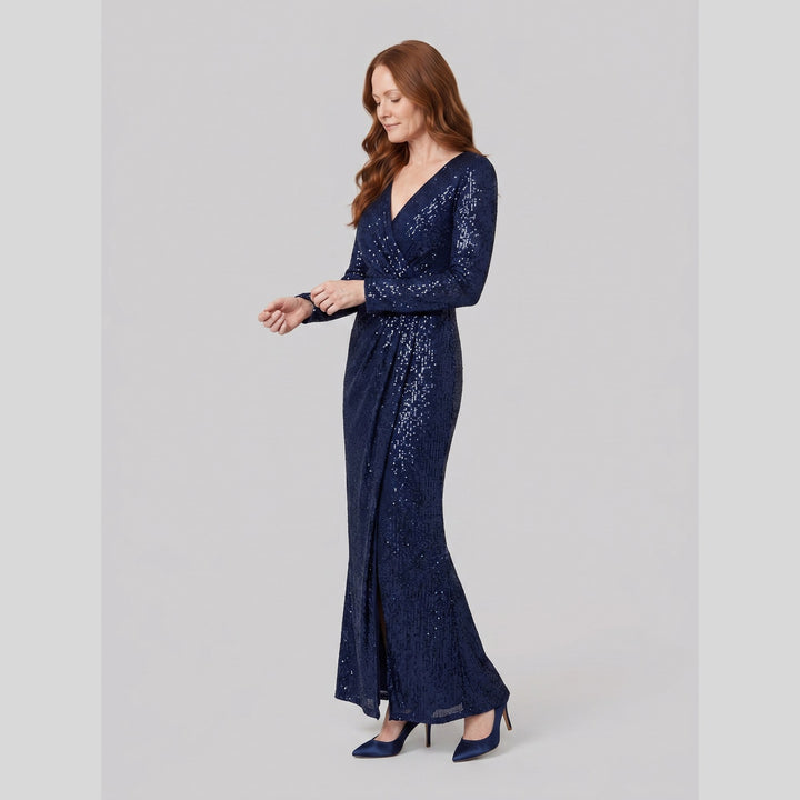 Navy blue sequin V-neck long sleeve evening gown with thigh-high slit - The store Vancouver