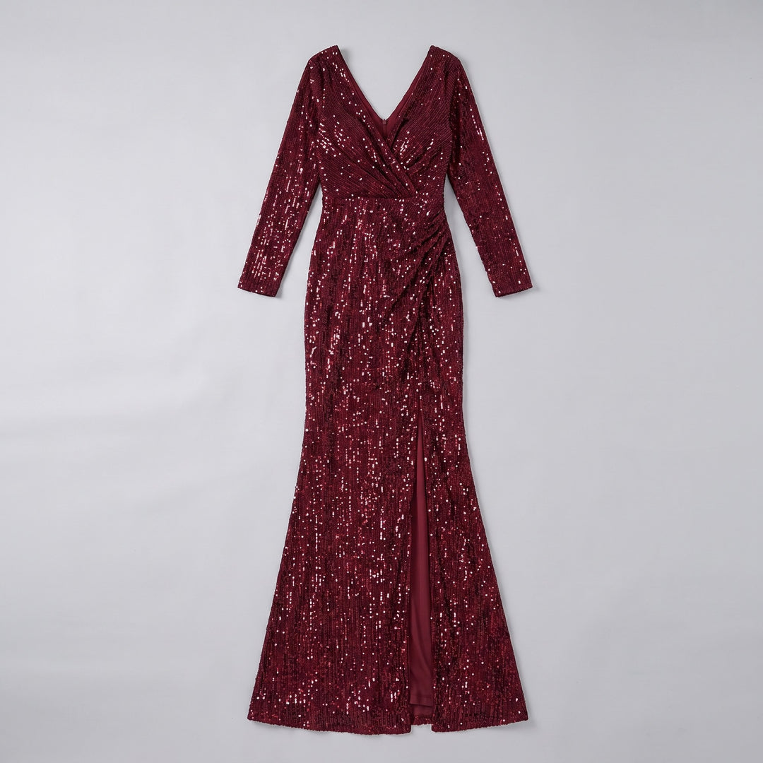 Burgundy sequin evening gown flat lay product photo - The store Vancouver