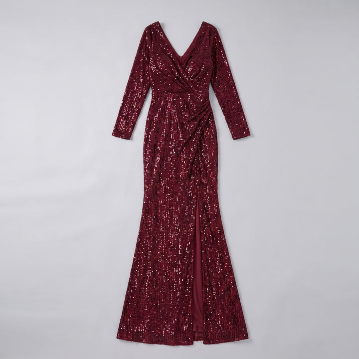 Burgundy sequin evening gown flat lay product photo - The store Vancouver