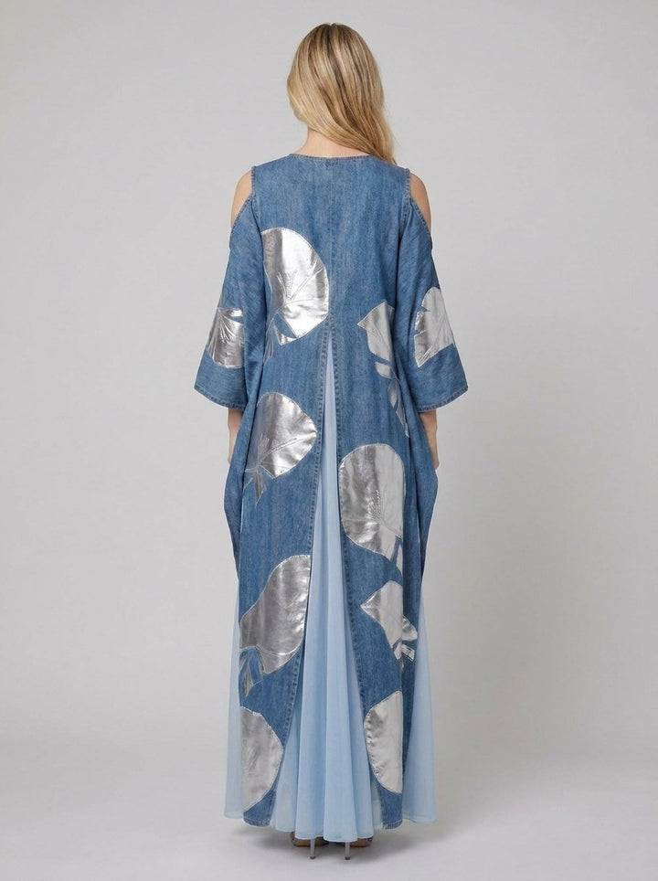 Vianne A-line denim dress with blue patchwork print, back view on model