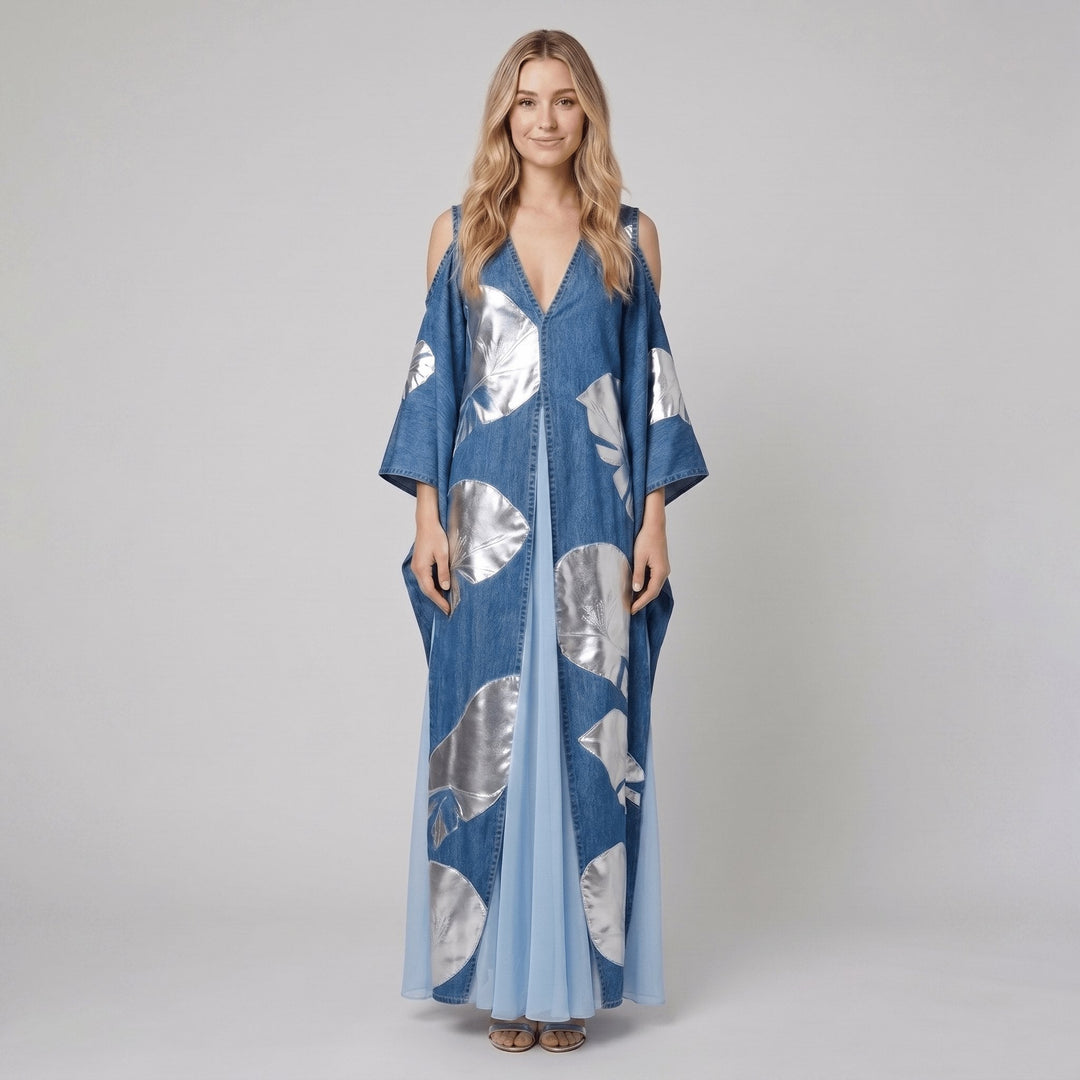 Vianne A-line denim dress with blue patchwork print, front view on model