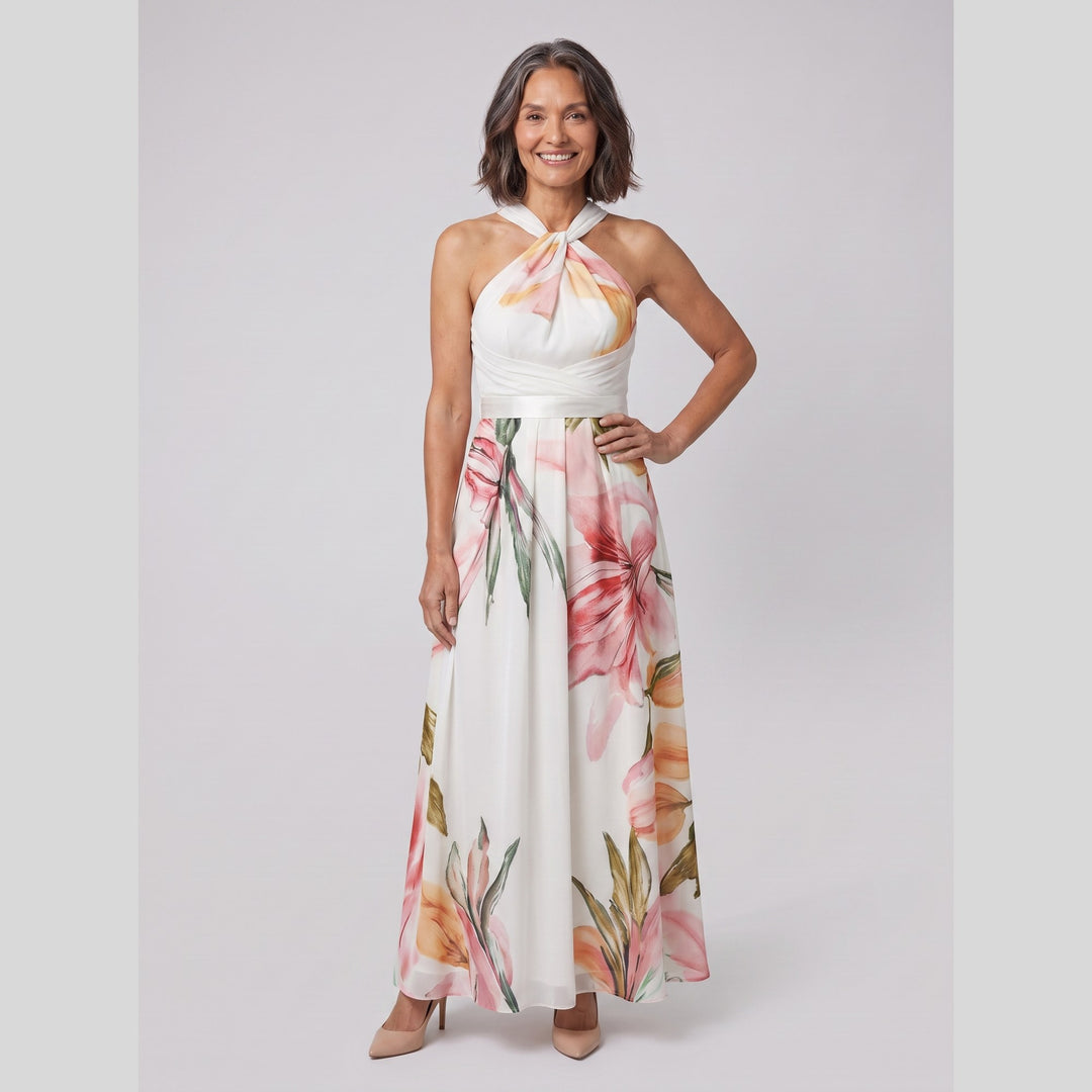 White watercolour floral halter neck gown, full length, front view on model