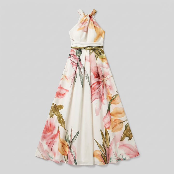 White floral halter neck gown laid flat, full length