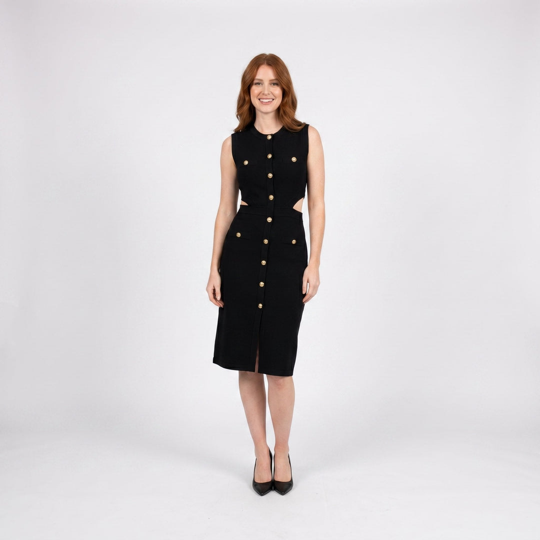 Black metallic mini dress with an irregular cut-out, on model