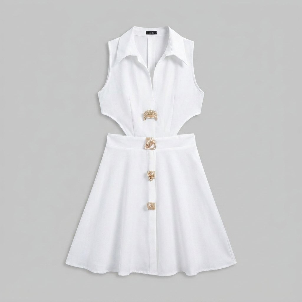 Metallic mini dress, close-up of the cut-out and button closure