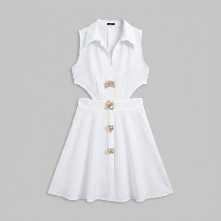 Metallic mini dress, close-up of the cut-out and button closure