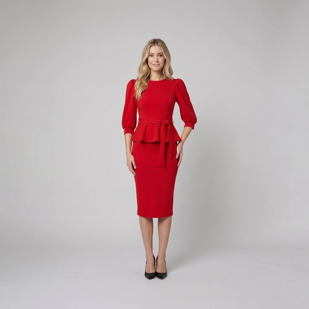 Viva red peplum pencil midi dress on model