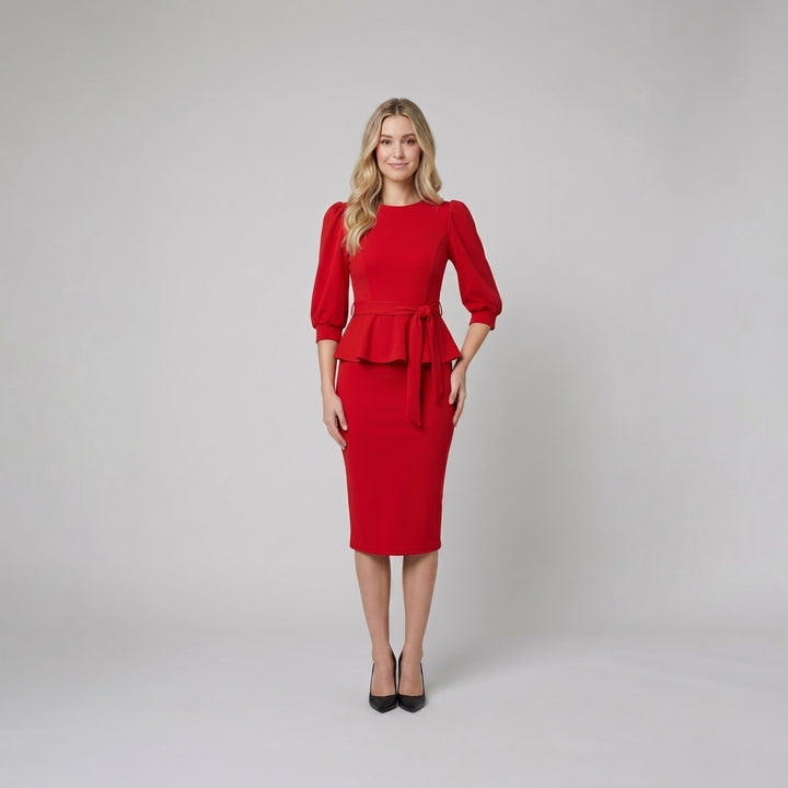 Viva red peplum pencil midi dress on model