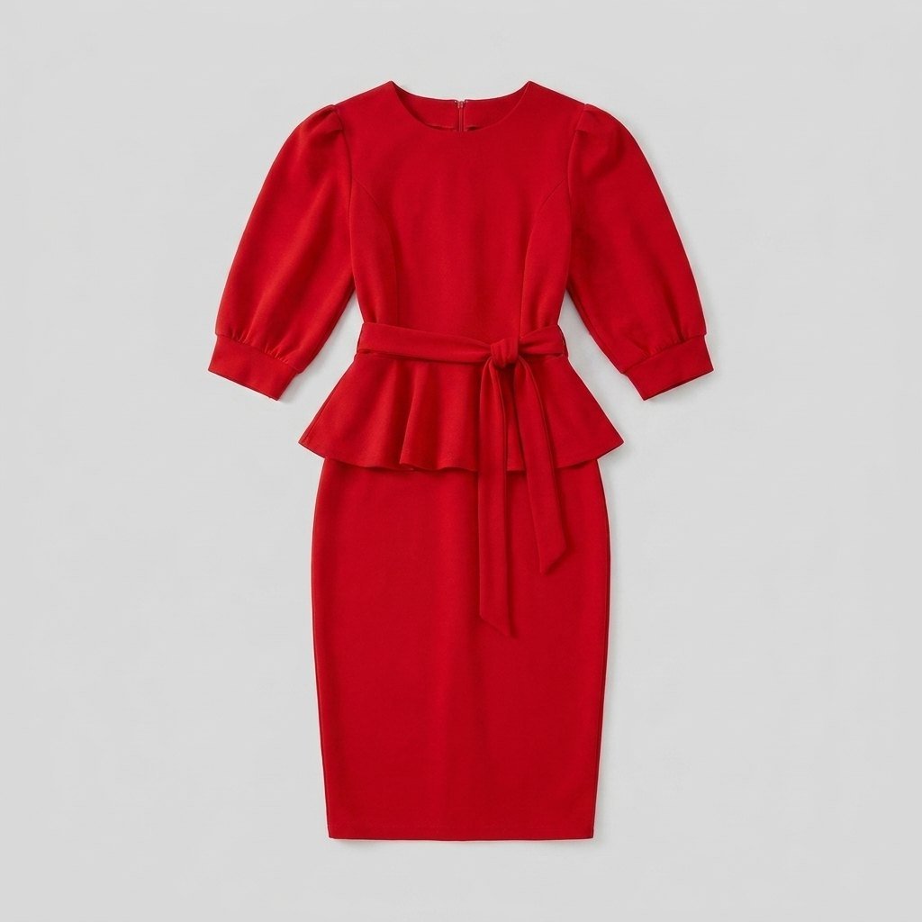 Viva red peplum pencil midi dress product flat-lay