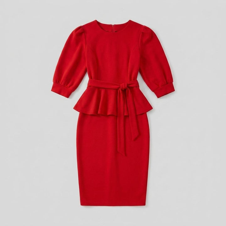 Viva red peplum pencil midi dress product flat-lay