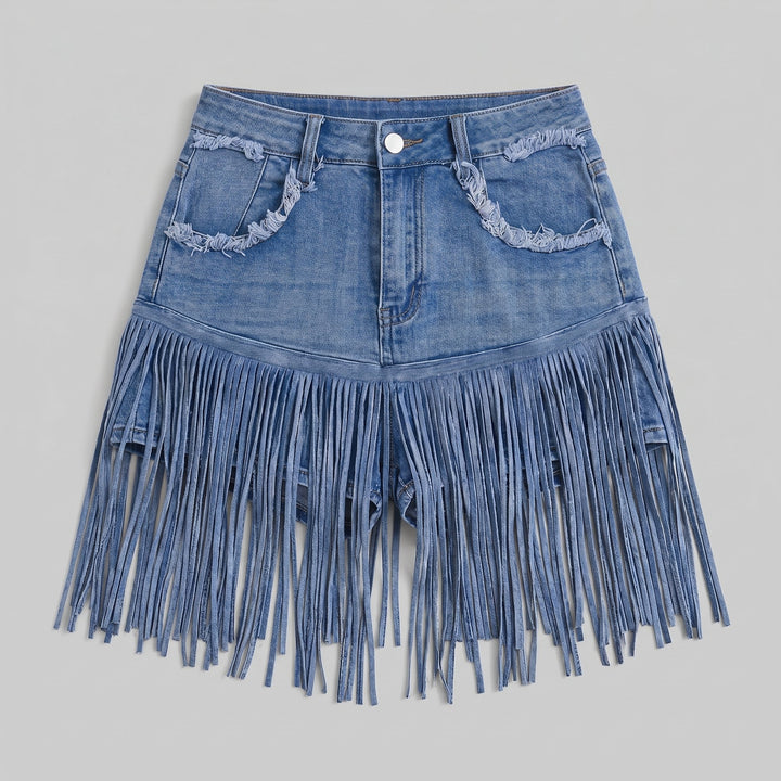 Vivid denim fringe skort blue product flat lay