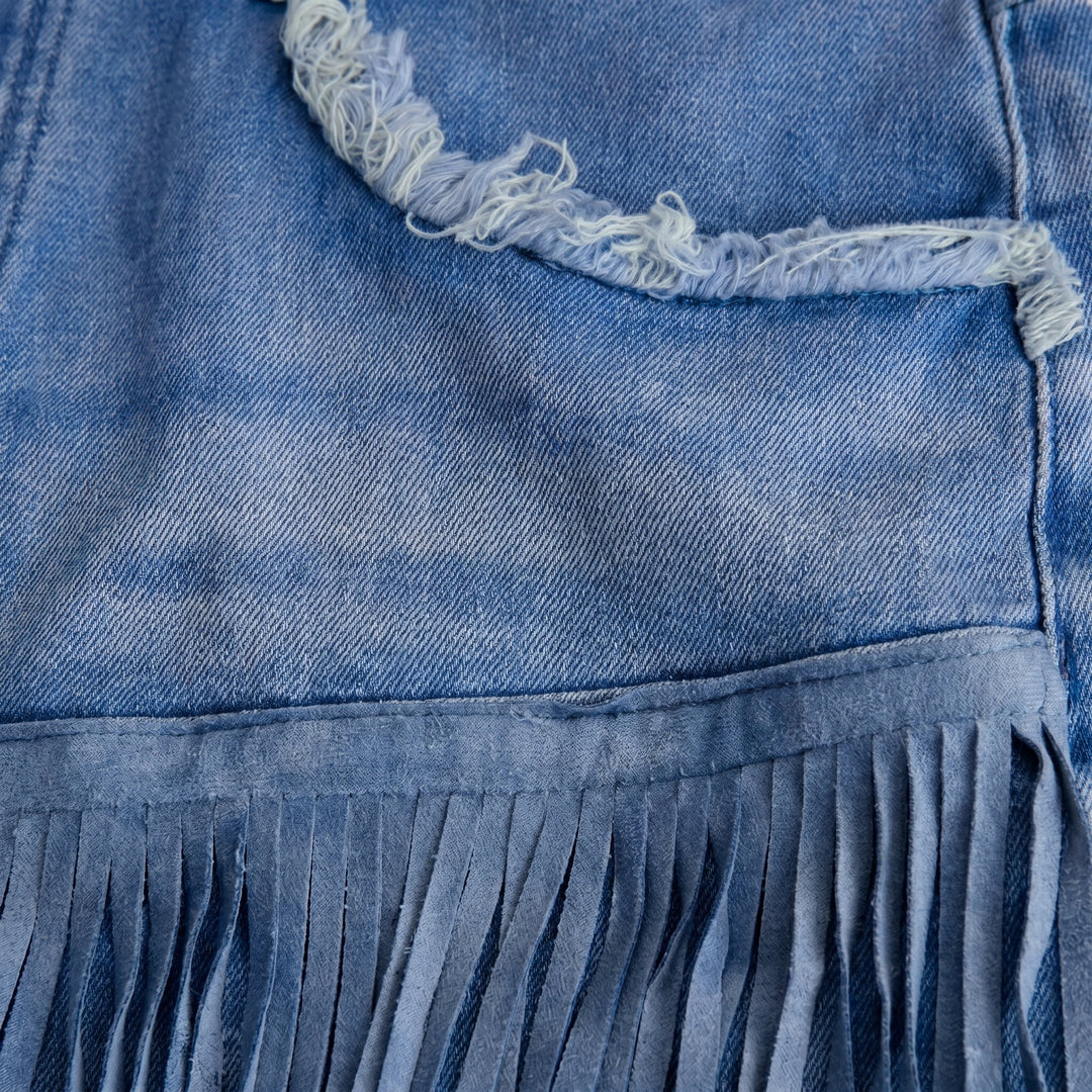 Vivid denim fringe skort denim fabric detail