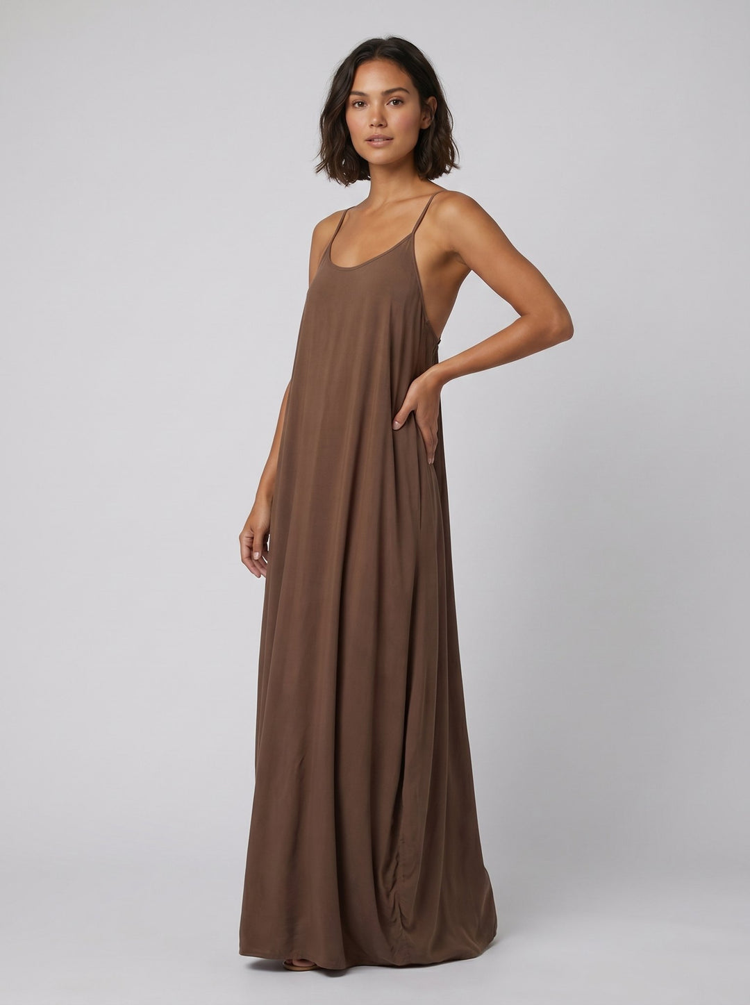 Wanda cami dress coffee on model