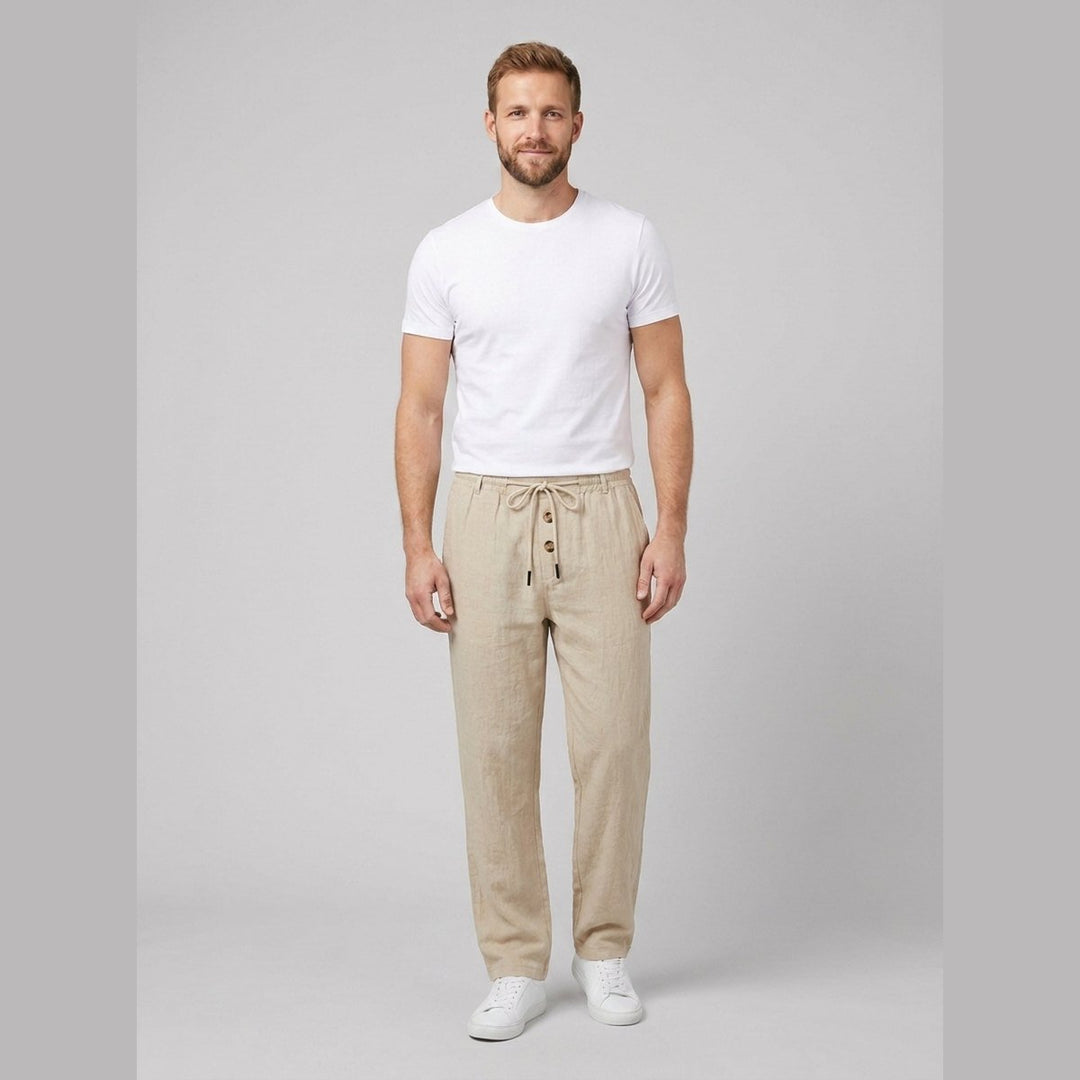Wanderlust beige linen drawstring pants front