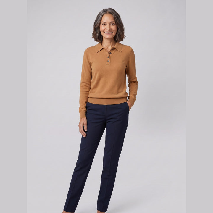 West polo sweater camel on model