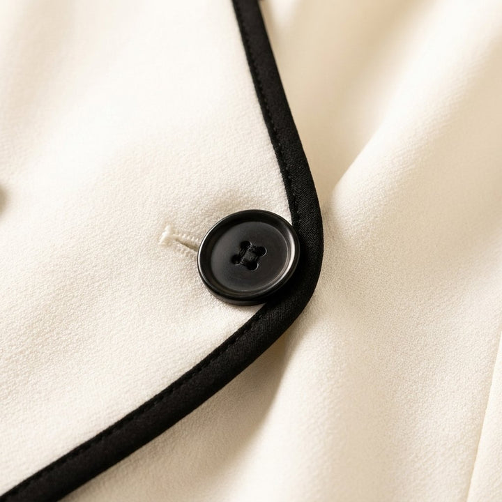 Wina white suit fabric close-up with black piping