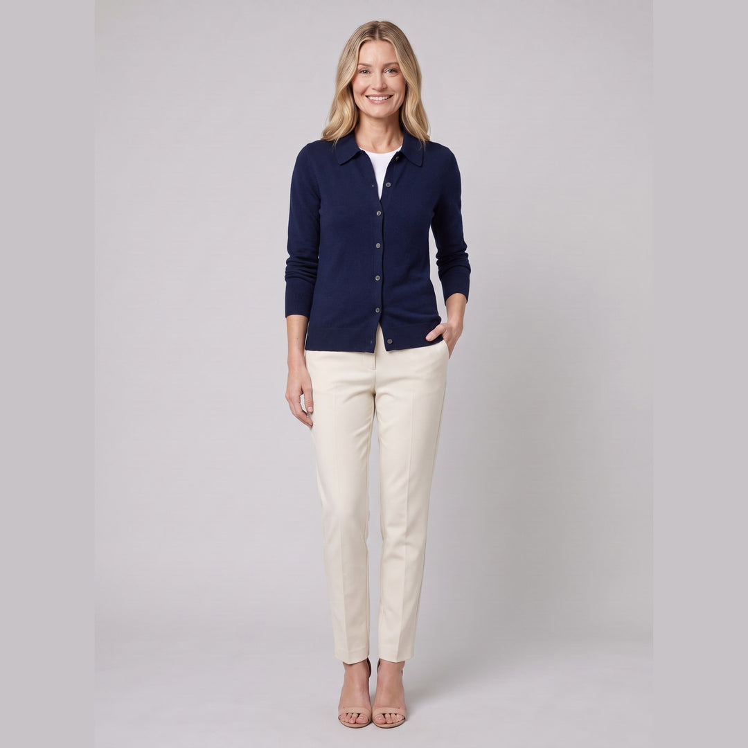 Windsor polo cardigan navy on model