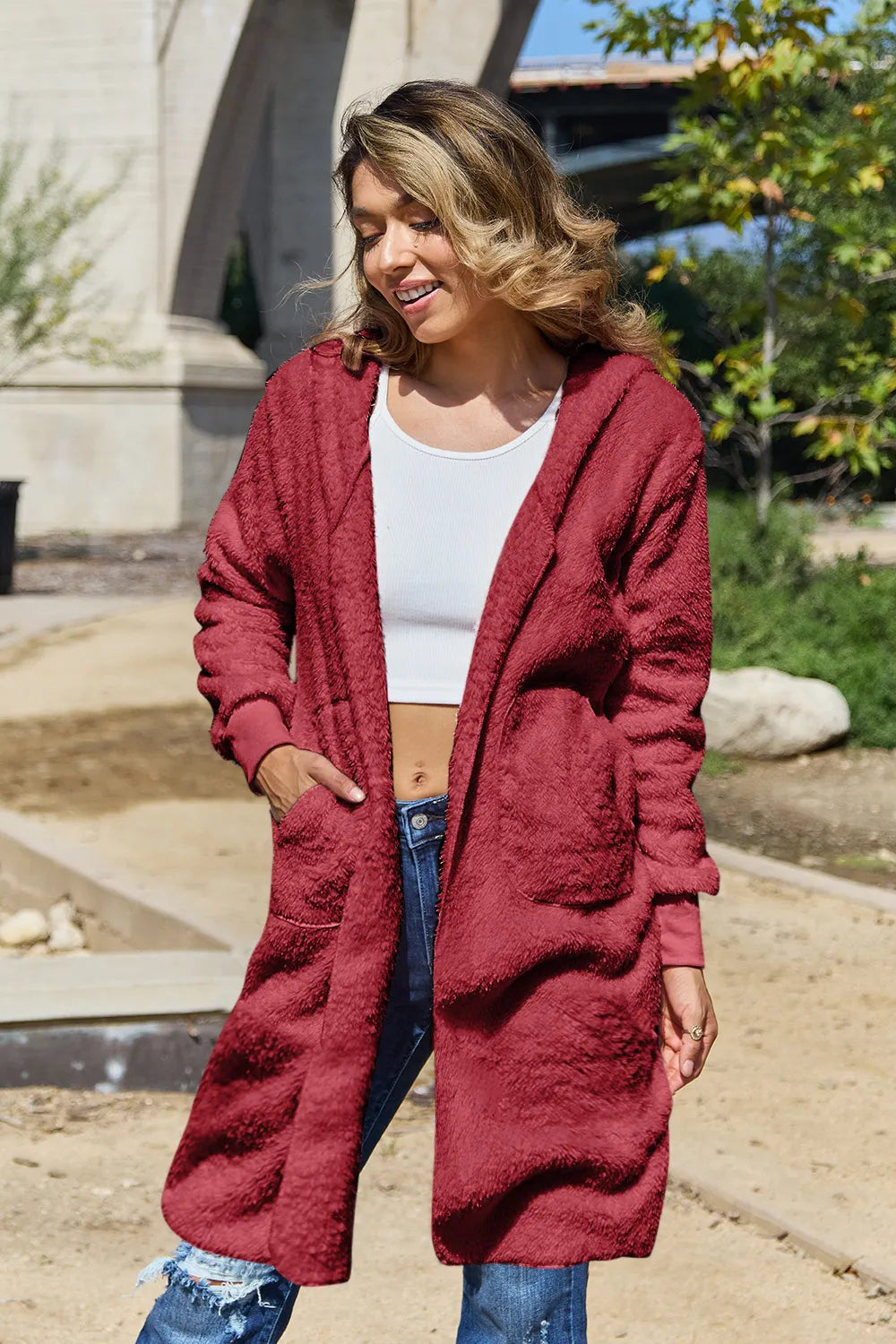 Wren teddy jacket deep red front