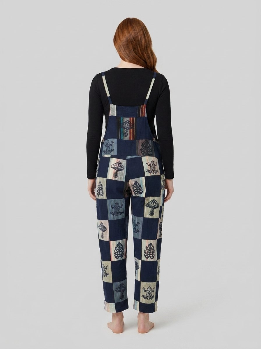 Wrenwood navy patchwork overalls back