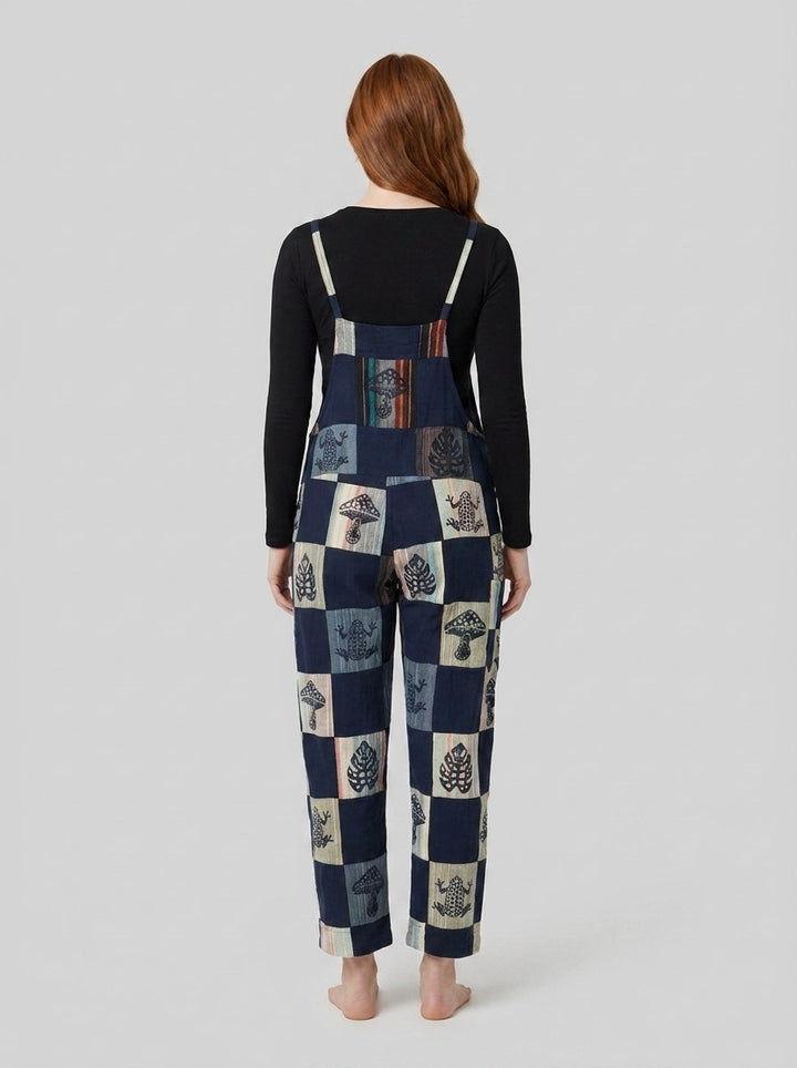 Wrenwood navy patchwork overalls back