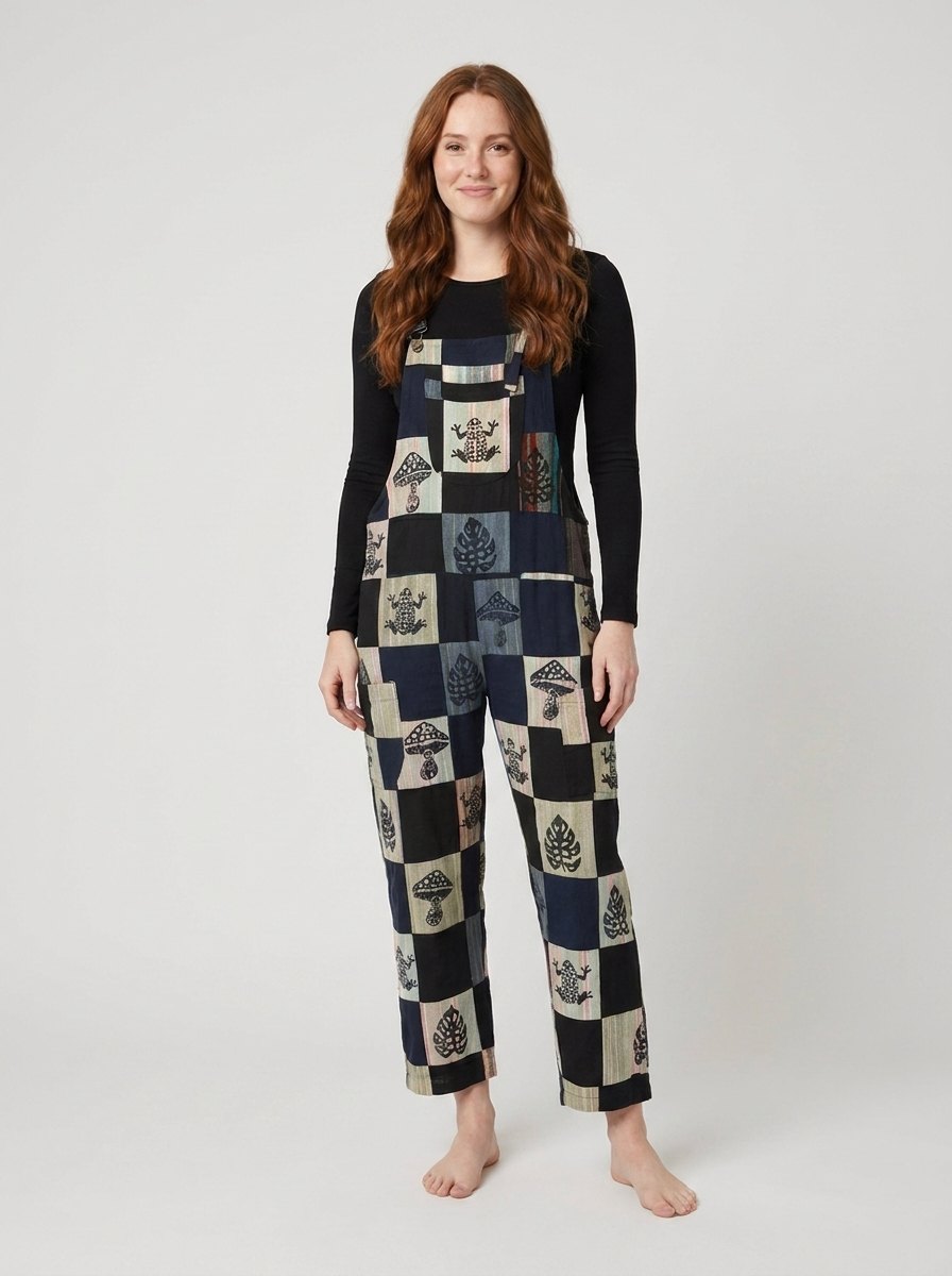 Wrenwood navy patchwork overalls front