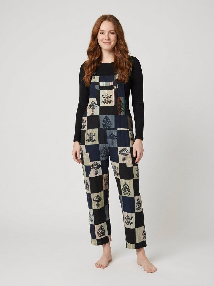 Wrenwood navy patchwork overalls front