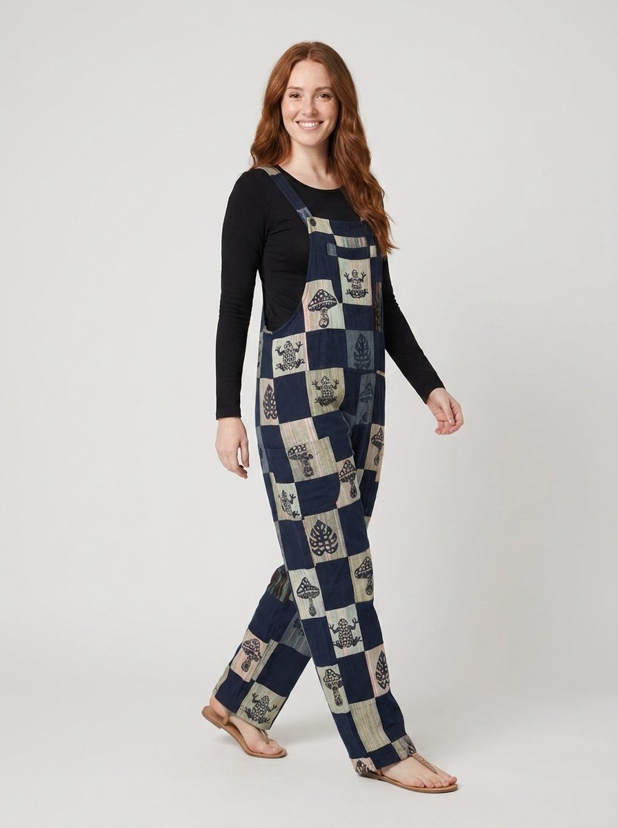 Wrenwood navy patchwork overalls pose